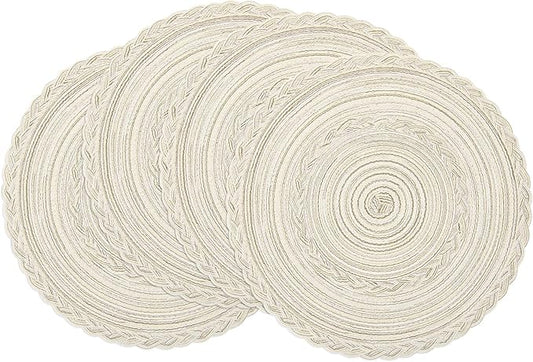 SHACOS Round Placemats Set of 4 Boho Braided Border Place Mats for Dining Tables Wedding Holiday Party (Ivory Bordered, 4)