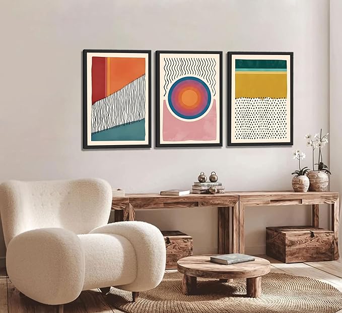 3pcs Boho Wall Art Mid Century Modern Wall Decor Posters Abstract Color Block Geometric Canvas Paintings Prints Colorful Simple Line Pictures for Living Room Bedroom Home Decoration（12x16） (Unframed,