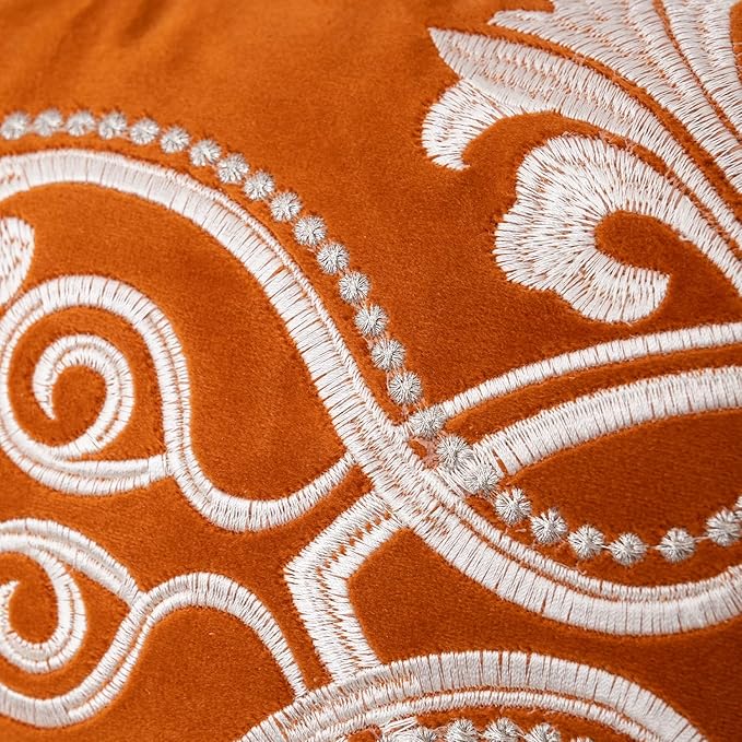 Aeckself European Floral Pillow Cover 18x18 Inch, Luxury Velvet Embroidered Decorative Throw Pillow Cover for Couch Bedroom Living Room, Burnt Orange and White