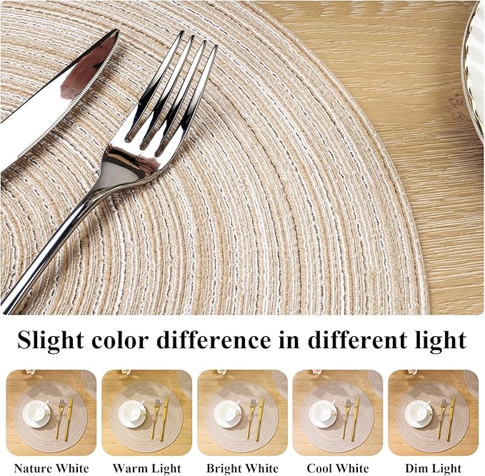 SHACOS Round Braided Placemats Set of 8 Cotton Fabric Round Table Mats Non Slip Washable 15 inch Round Place Mats (Beige, 8)