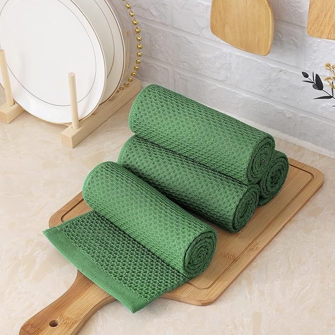 Homaxy 100% Cotton Waffle Weave Kitchen Towels, 13 x 28 Inches Super Absorbent and Machine Washable Dish Towels for Drying Dishes, 4-Packs, Grass Green
