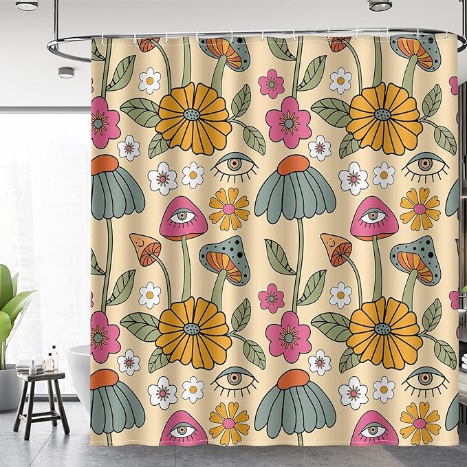 Aimego Boho Mushroom Shower Curtain - 60s 70s Retro Bohemian Flowers Eyes Floral Fabric Cloth Bath Shower Curtain Set with 12 Hooks for Bathroom Decor Accessories, 72"x72"