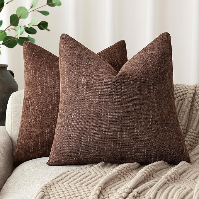 Foindtower Pack of 2 Soft Textured Chenille Throw Decorative Pillow Covers Square Accent Solid Cushion Cover Cozy Neutral Farmhouse Pillow Case for Couch Sofa Bedroom Living Room 18x18 Inch,Red Brown