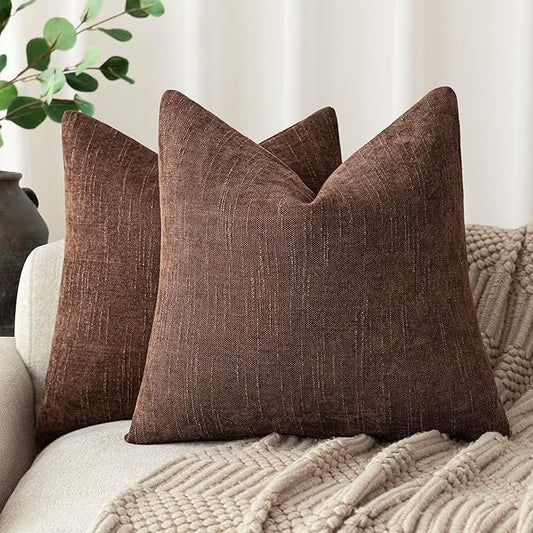 Foindtower Pack of 2 Soft Textured Chenille Throw Decorative Pillow Covers Square Accent Solid Cushion Cover Cozy Neutral Farmhouse Pillow Case for Couch Sofa Bedroom Living Room 24x24 Inch,Red Brown