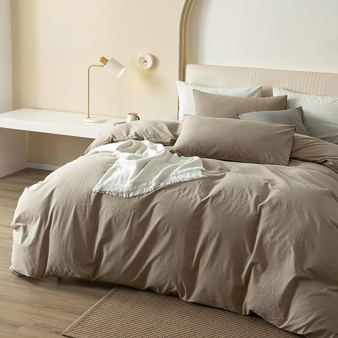 JIYUAN 100% Washed Cotton Duvet Cover Set 3 Pieces Super King, 1 Duvet Cover 108x98 Inches(Comforter Not Included) and 2 Pillowcases,Linen Feel Bedding Set Comfy and Breathable,Khaki