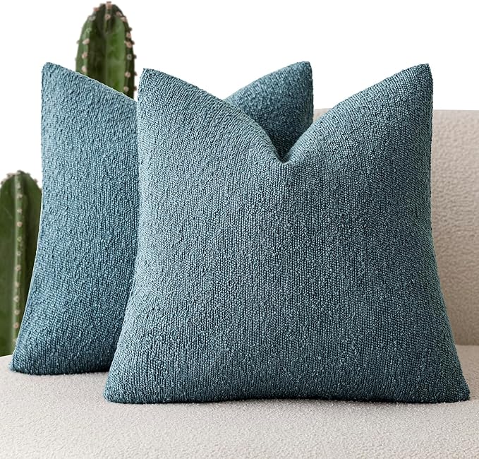 Foindtower Pack of 2, Decorative Textured Boucle Throw Pillow Covers Accent Solid Pillow Cases Soft Cozy Couch Cushion Case for Chair Sofa Bedroom Living Room Home Decor 16x16 Inch Misty Blue