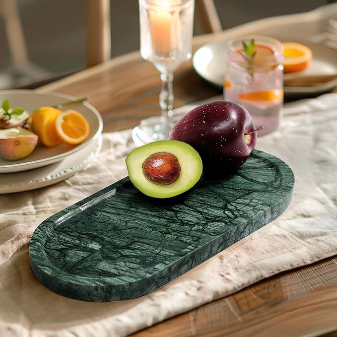 100% Real Natural Marble Tray for Bathroom, Luxury Indian Green Stone Vanity Tray, Decorative Oval Trays for Countertop Storage Organizer, Dresser, Kitchen, Home Decor, 11.8" x 6", Green