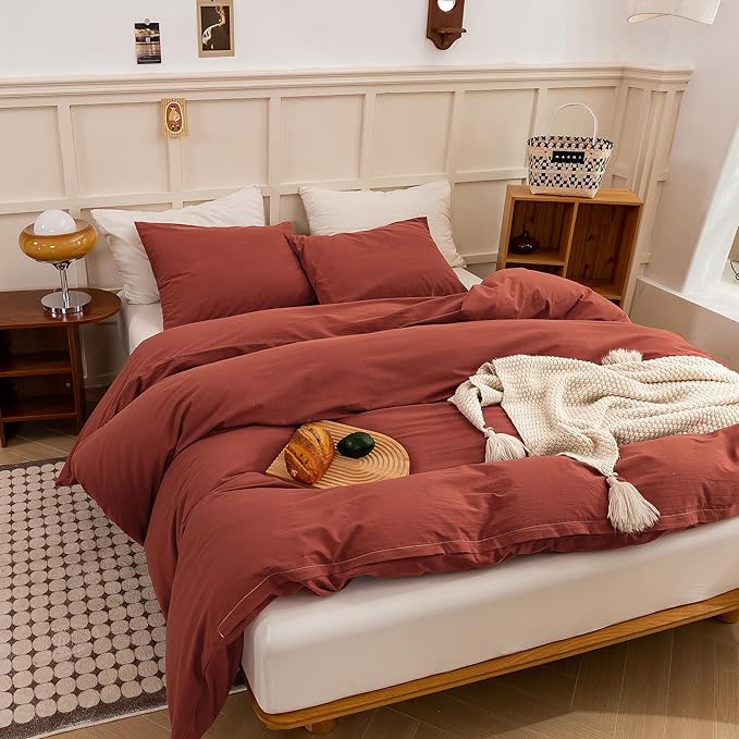 ECOCOTT Duvet Cover Oversized King Size - Linen Feel Textured Organic Natural 100% Washed Cotton, Soft Breathable 3 Pieces Bedding Set with Zipper Closure, Burnt Brick Red (120"x 98")