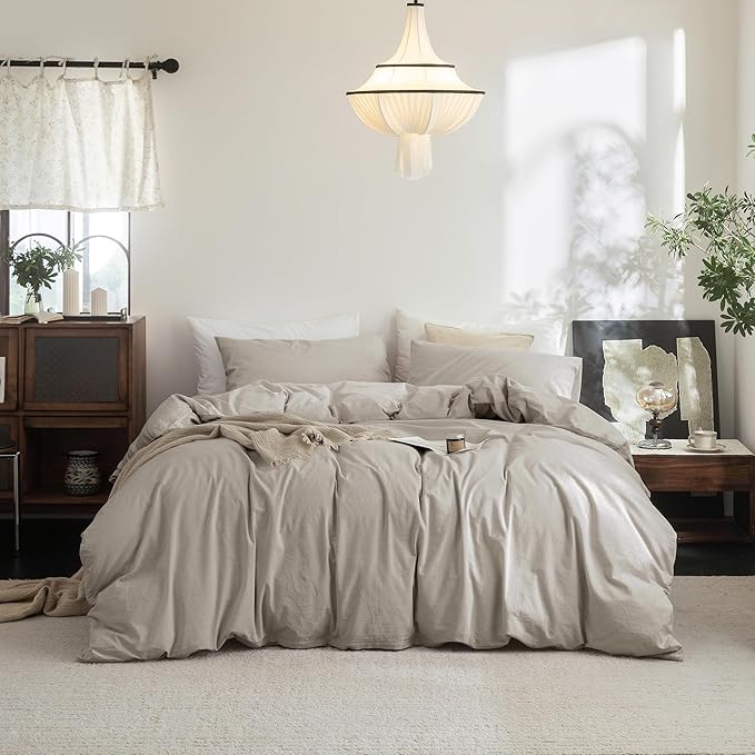 FOSSA Duvet Cover Set 100% Washed Cotton Linen Feel Super Soft Breathable Cozy Simple Style 3 Pieces Bedding Sets Solid Cream Grey Oversized King Plus