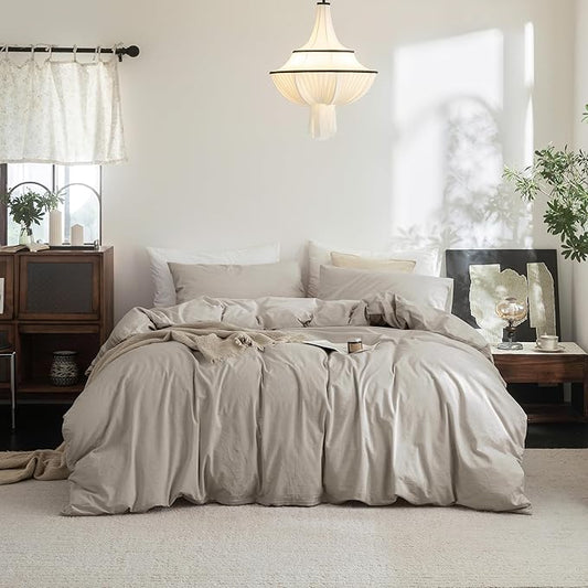 FOSSA Duvet Cover Set 100% Washed Cotton Linen Feel Super Soft Breathable Cozy 3 Pieces Bedding Sets Solid Cream Grey Super King Plus