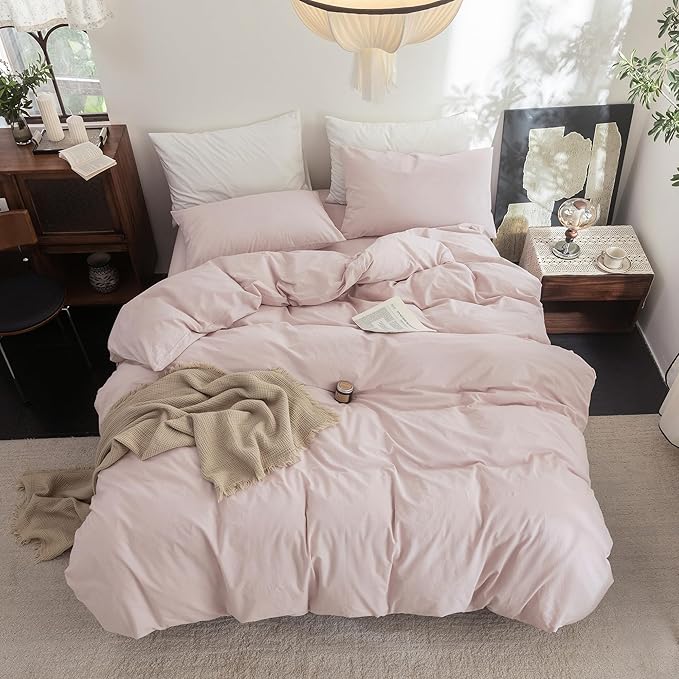 FOSSA Duvet Cover Set 100% Washed Cotton Linen Feel Super Soft Breathable Cozy 3 Pieces Bedding Sets Solid Greyish Pink Super Queen
