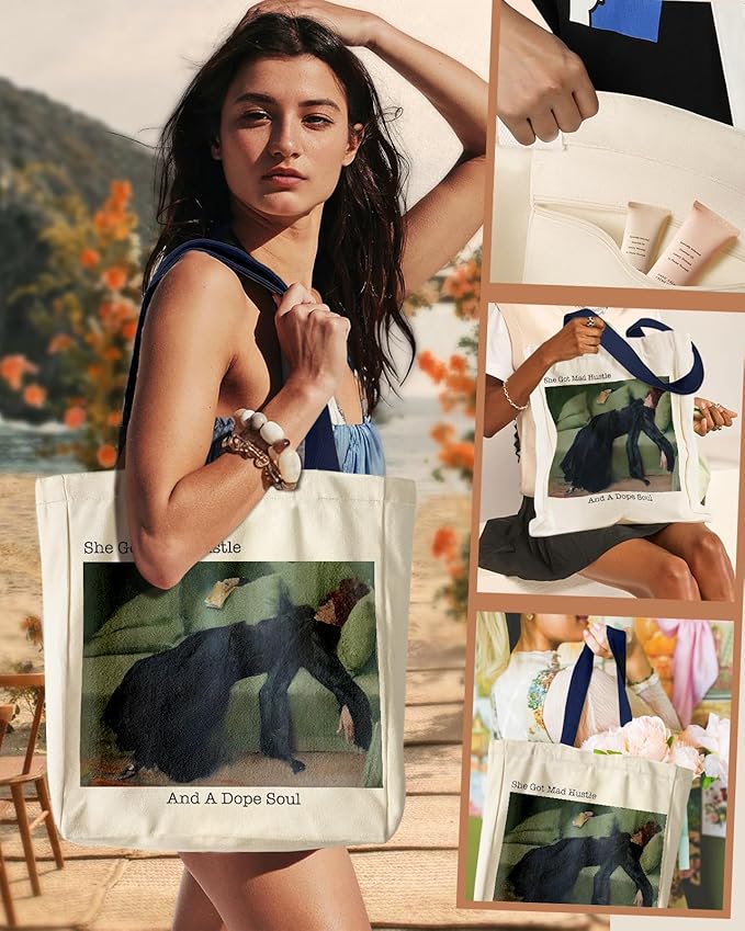 Aesthetic Heavy Canvas Tote Bag with Pocket for Women, Cloth Gusseted Totes Bag with Pattern for Shopping