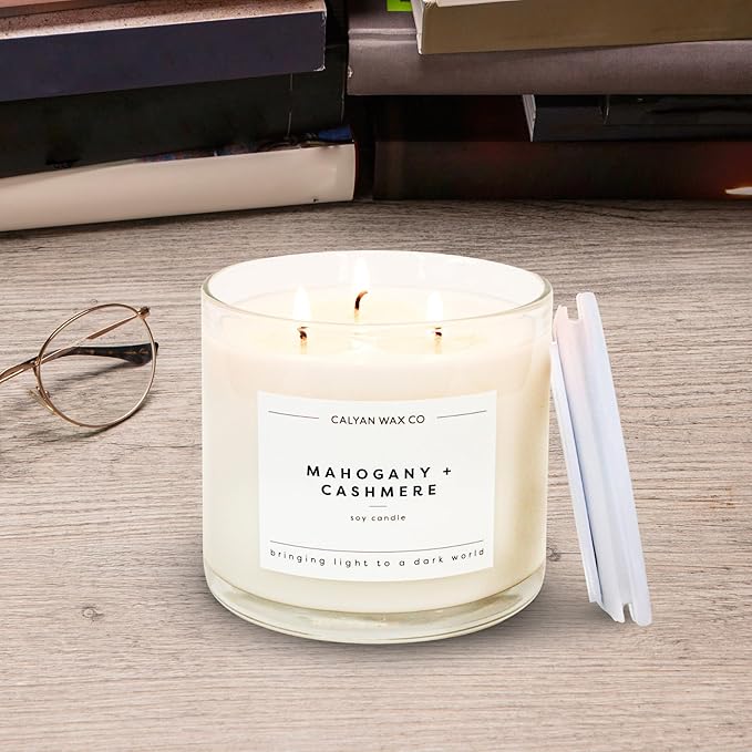 Calyan Wax Co. 3 Wick Candle, Mahogany & Cashmere Scented Candle, 43 Hour Burn Time, 3 Wick Soy Candles, Non Toxic & Vegan Soy Wax, Glass Jar Scented Candles, 14.9oz
