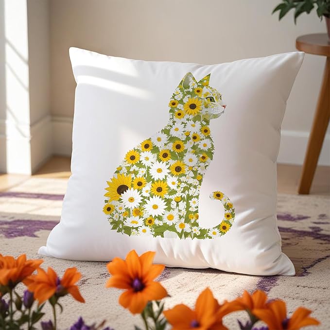 Daisy Floral Cat Pillow Covers 18x18, Gifts for Cat Lovers Mom Lady Owners, Elegant Kitten Kitty Decorative Pillow Covers for Home Bedroom Living Room Decor, Pet Lover Gifts