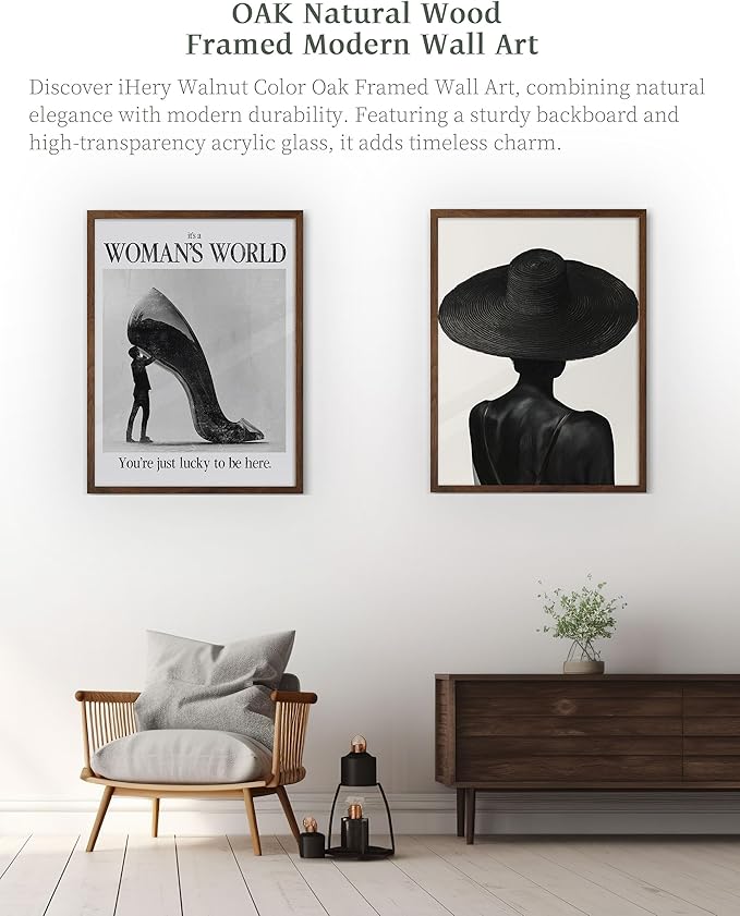 iHery Natural OAK Wood Woman's World Walnut Color Framed Wall Art, 12x16in Retro Feminist Modern Hot Girls Canvas Wall Art, Trendy Black High Heels Bedroom Decor, Bathroom Living Room 1Pack