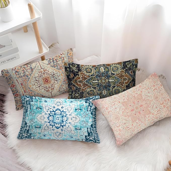 Boho Throw Pillow Covers 12x20 inch Set of 2,Boho Vintage Carpet Pattern Antique Ethnic Decor Double Sided Pattern Cushion Cover Soft Pillow Case Living Sofa Room Bed Square Pillow Cover