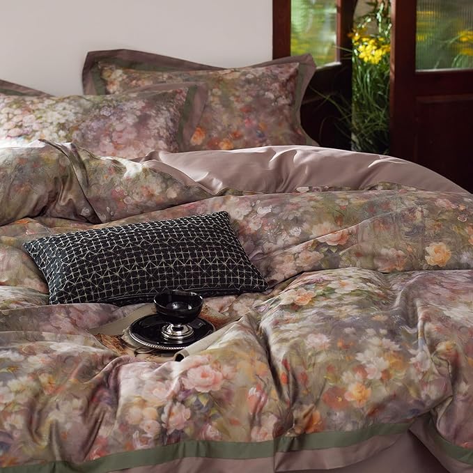 mixinni Vintage Floral Duvet Cover Set - Queen Size, 100% Long Staple Cotton Percale, Reversible Garden Style Bedding Set with Zipper Closure, 3-Piece Luxury Duvet Cover with 2 Pillow Shams (20"x26")