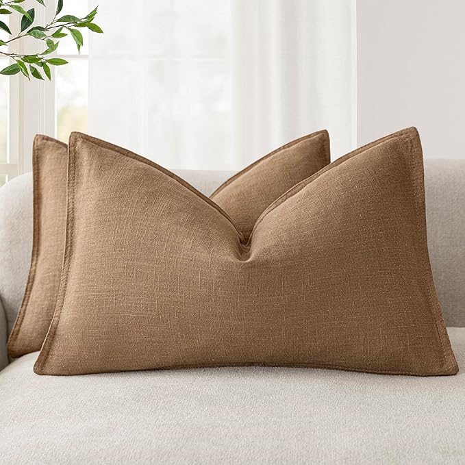 Foindtower Pack of 2, Decorative Linen Soild Throw Pillow Covers Soft Accent Lumbar Cushion Case Boho Farmhouse Pillowcase for Chair Couch Sofa Bedroom Living Room Home Decor 12 x 20 Inch Khaki Brown