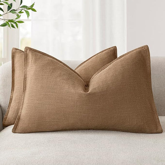 Foindtower Pack of 2, Decorative Linen Soild Throw Pillow Covers Soft Accent Lumbar Cushion Case Boho Farmhouse Pillowcase for Chair Couch Sofa Bedroom Living Room Home Decor 12 x 20 Inch Khaki Brown