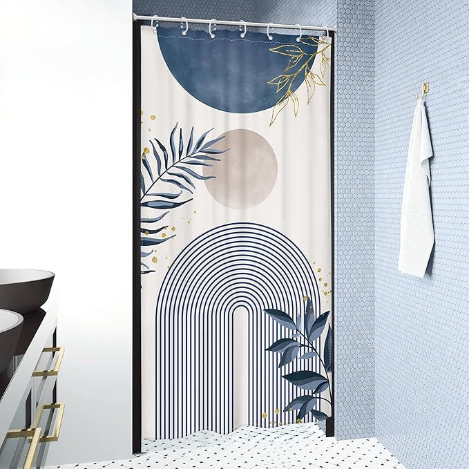 Small Stall Boho Shower Curtain 36Wx72H RV Blue Modern Mid Century Abstract Leaves Plant Minimalist Geometric Bathroom Decor Half Narrow Standing Bath Curtain Fabric Polyester 7 Pack Hook