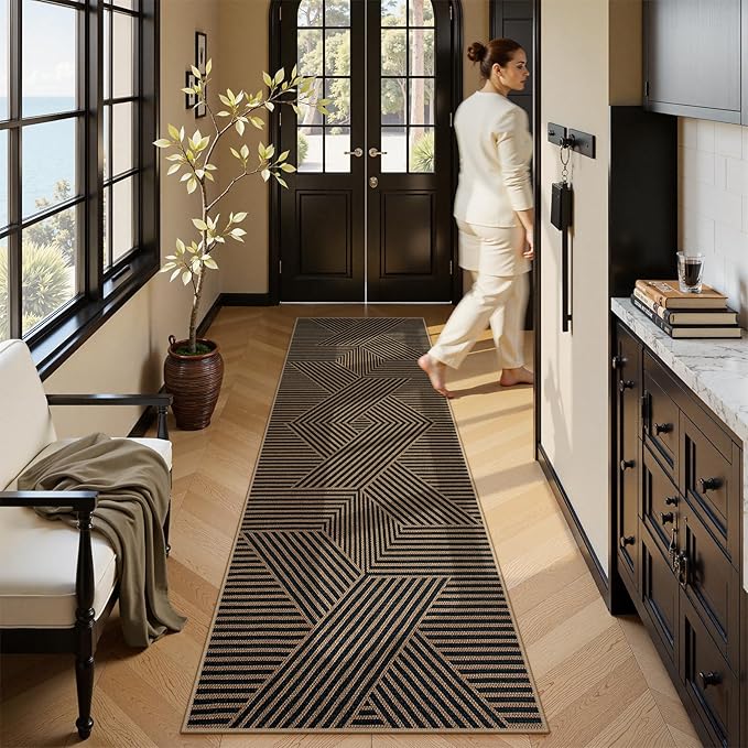 Lahome Modern Geometric Runner Rug, 2x8 Washable Rug Runners for Hallways Non Slip, Black Outdoor Carpet with Rubber Backing, Farmhouse Non Shedding Kitchen Mats for Floor Entryway