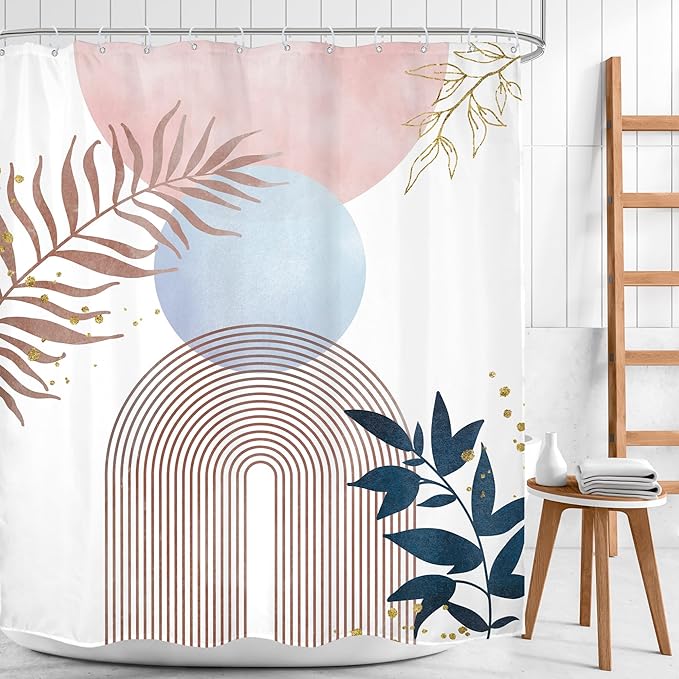 Pink Blue Boho Shower Curtain 60Wx72H Mid Century Modern Abstract Gold Leaves Plant Sun Bathroom Decor Minimalist Geometric Arch Line Aesthetic Girls Bath Curtain Fabric Polyester 12 Pack Hooks