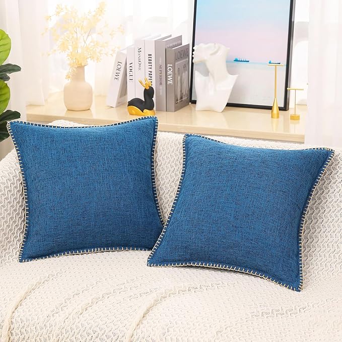 decorUhome Decorative Outdoor Throw Pillow Covers 22x22 Set of 2, Square Linen Rustic Neutral Farmhouse Euro Pillow Covers with Stitched Edge for Couch, Sofa, Living Room, Dark Blue