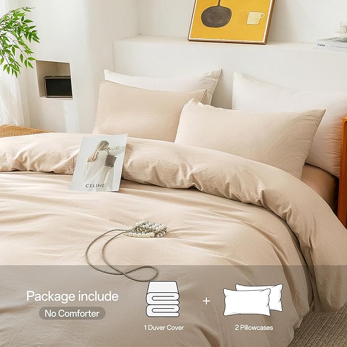 ECOCOTT Duvet Cover Set, 100% Washed Cotton Linen-Like Textured Soft & Breathable, Durable Comfy Bedding Set for All Seasons (Khaki, Super Queen)