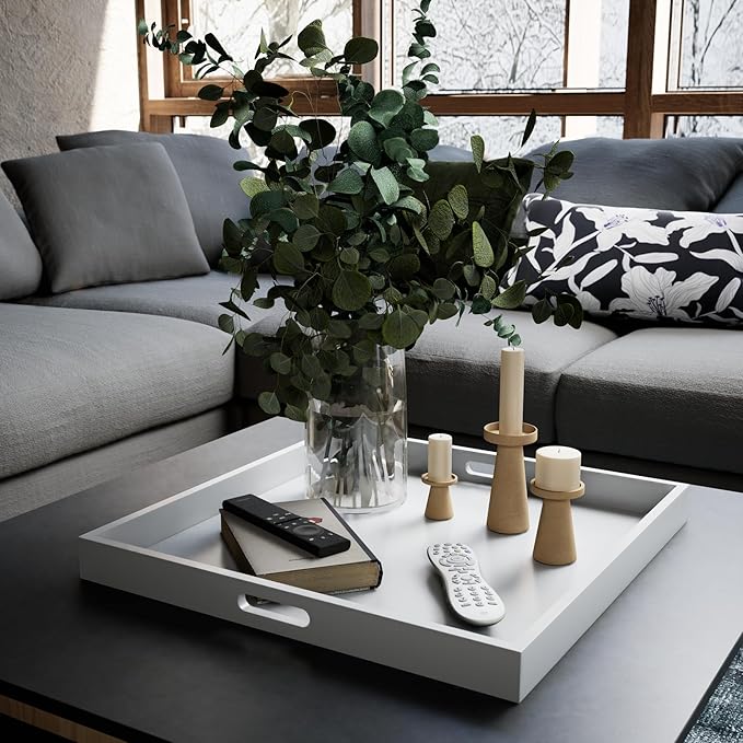 Hanobe Square Large Ottoman Tray: Modern Extra Large White Serving Decorative Trays with Cutout Handles for Living Room Coffee Table Home, 20"