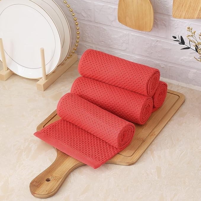 Homaxy 100% Cotton Waffle Weave Kitchen Towels, 13 x 28 Inches Super Absorbent and Machine Washable Dish Towels for Drying Dishes, 6-Packs, Red
