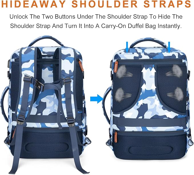 Carry on Travel Backpacks, Extra Large 40L Flight Approved Bag for Men & Women,Expandable Suitcase Backpack With 4 Packing Cubes,Water Resistant Luggage Daypack Business Weekender Bag,Camouflage Blue