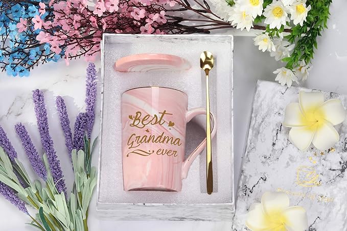 Best Grandma Mug Best Grandma Ever Mug Grandma gifts Birthday Mothers Day Gifts for Grandma from Granddaughter Grandson Grandchildren Grandkids 14 Ounce Exquisite Box Spoon and Mug Mat Pink