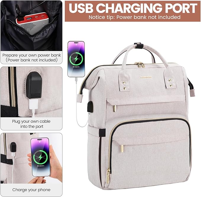 LOVEVOOK Laptop Backpack for Women,15.6 Inch Professional Womens Travel Backpack Purse Computer Laptop Bag Nurse Teacher Backpack,Waterproof College Work Bag Carry on Back Pack with USB Port,Off-white