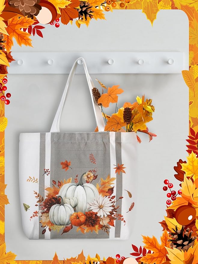 Bencailor 2 Pcs Fall Canvas Tote Bag Thanksgiving Pumpkin Maple Leaf Tote Pouch Cute Aesthetic Reusable Grocery Bag for Women