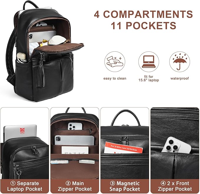 Leather Laptop Backpack for Women, 15.6" Causal Daypack Backpacks Purse Computer Backpack with Laptop Compartment for Travel Work College Business, Black