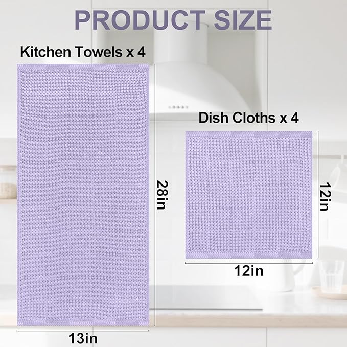 Homaxy 100% Cotton Kitchen Towels and Dishcloths Set, 12 x 12 Inches and 13 x 28 Inches, Set of 8 Bulk Kitchen Towels Set, Ultra Soft Absorbent Dish Cloths for Washing Dishes, Lavender