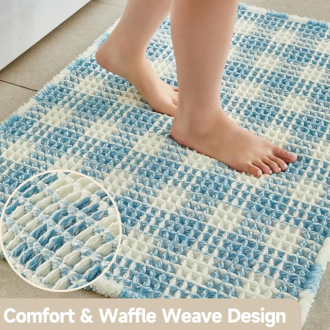 Waffle Bath Mat, Boho Bathroom Rugs Non Slip Washable Absorbent Checkered Bathroom Mat Quick Dry Cute Bath Mat, 30"x20" Blue and White