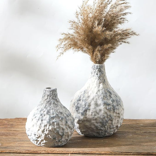 Stone Vases Set of 2, Ceramic Bud Vase Minimalist Vases for Pampas Grass,Modern Vase for Wabi Sabi Home Decor, Shelf Decoration，Fireplace Decor,Coffee Table Decor