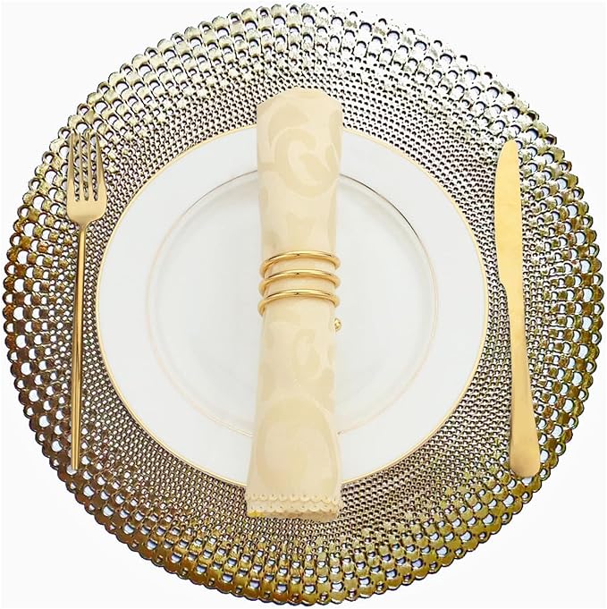 Vinyl Round Placemats Set of 4 - Non Slip Place Mats Ideal for Indoor and Outdoor Dining Table - Washable and Heat Resistant Table Mat for Kitchen Tables (Vincent Gold)