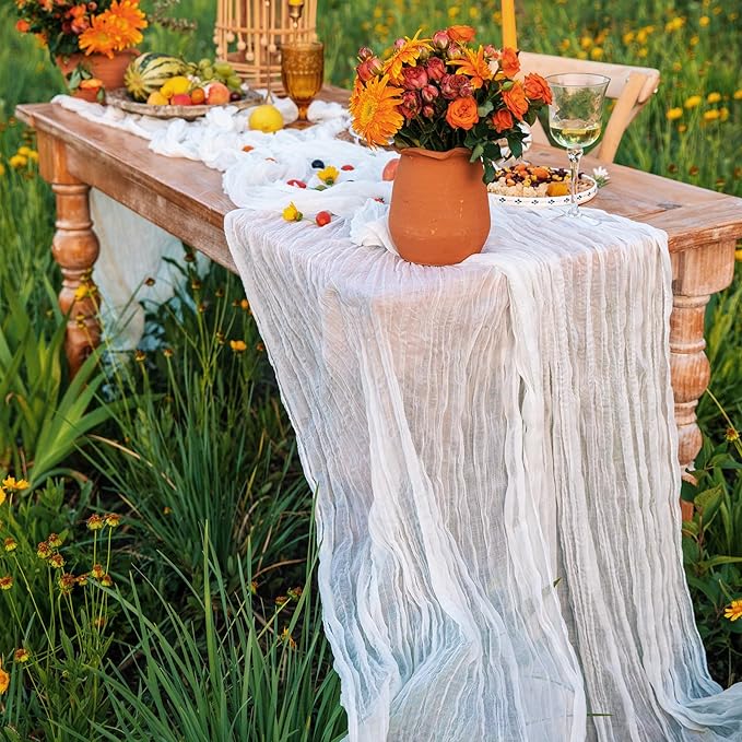 2 Pieces White Cheesecloth Table Runner for Wedding Decorations - 10FT Rustic Sheer Boho Table Decorations