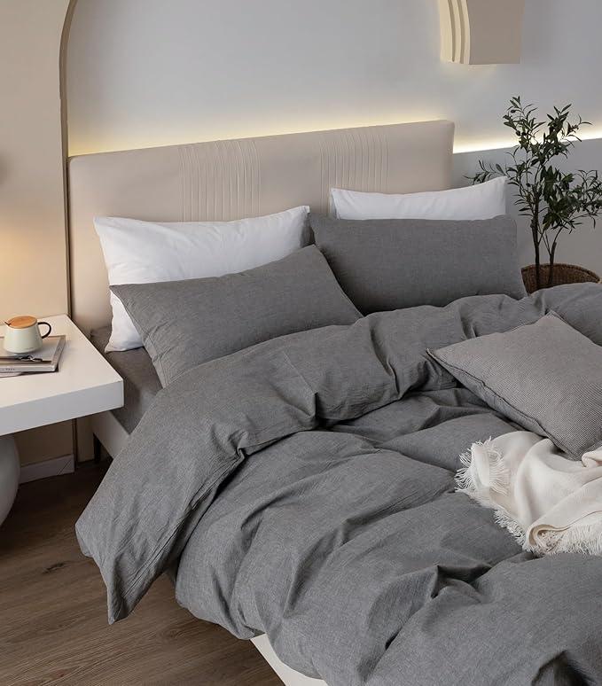 JIYUAN 100% Washed Cotton Duvet Cover Set 3 Pieces Full, 1 Duvet Cover 80x90 Inches (Comforter Not Included) and 2 Pillowcases,Linen Feel Bedding Set Comfy and Breathable, Heathered Dark Grey