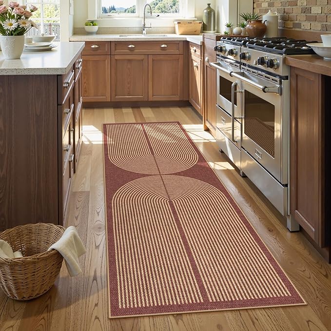 Lahome Modern Rainbow Easy Jute 2x6 Runner Rug, Red Runners for Hallways Non Slip Washable Kitchen Rugs, Farmhouse Stain Resistant Non Shedding Low Pile Indoor Outdoor Carpet for Laundry Entryway