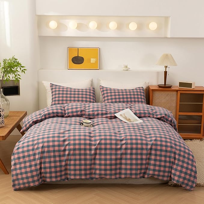 ECOCOTT Duvet Cover Set, 100% Washed Cotton Linen-Like Textured Soft & Breathable, Durable Comfy Bedding Set for All Seasons King Size, Purple Pink Plaid