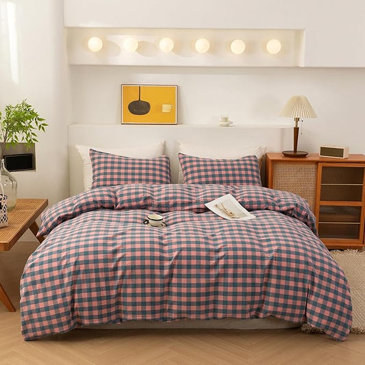 ECOCOTT Duvet Cover Set, 100% Washed Cotton Linen-Like Textured Soft & Breathable, Durable Comfy Bedding Set for All Seasons King Size, Purple Pink Plaid