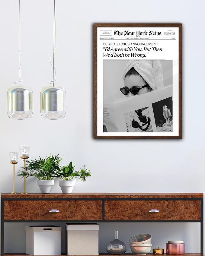 EcoHest Trendy Newspaper Framed Wall Art, 12x16 in OAK Wood Walnut Color Cool Girl Canvas Art, Magazine Bar Cart Print College Dorm Decor, Set of 1 for Bedroom Living Room