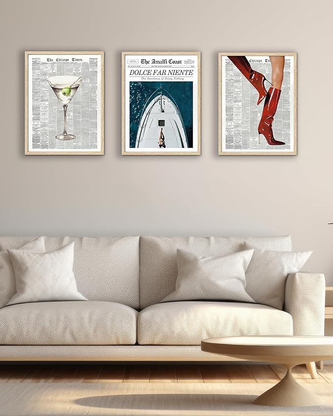 EcoHest Trendy Newspaper Red Boots Framed Wall Art, 12x16 in OAK Wood Fashion Icon Canvas Wall Art, Magazine Home Decor, Beige Logs Retro Set of 1 for Bedroom Living Room