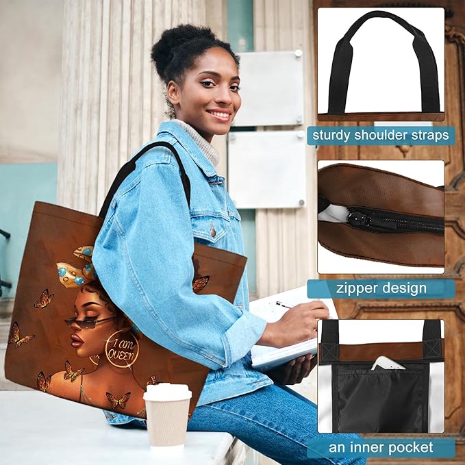 African American Women Tote Bag Black Shoulder Handbag For Women Fit Work Beach Labtops With Zip