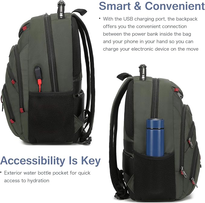 Boavan Laptop Backpack for men, 15.6 inch Laptop Bag with USB Port, Waterproof Travel Work Backpack Purse, Anti-Theft Teacher Nurse Doctor Casual Bookbags Office Business backpack,Green