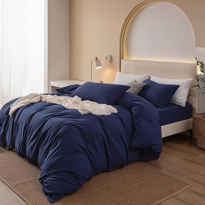 JIYUAN 100% Washed Cotton Duvet Cover Set 3 Pieces Cal King, 1 Duvet Cover 104x98 Inches(Comforter Not Included) and 2 Pillowcases,Linen Feel Bedding Set Comfy and Breathable,Navy Blue