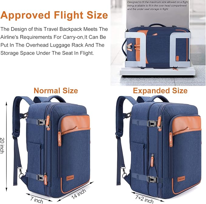 Carry on Travel Backpacks, Extra Large 40L Flight Approved Bag for Men & Women,Expandable Suitcase Backpack With 4 Packing Cubes,Water Resistant Luggage Daypack Business Weekender Bag,Blue